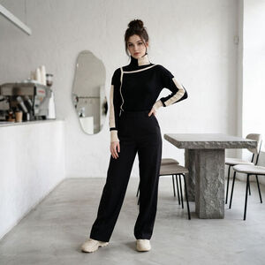 Women's Vintage Y2K Unbranded Black & Beige stripe piping Turtleneck Sweater M